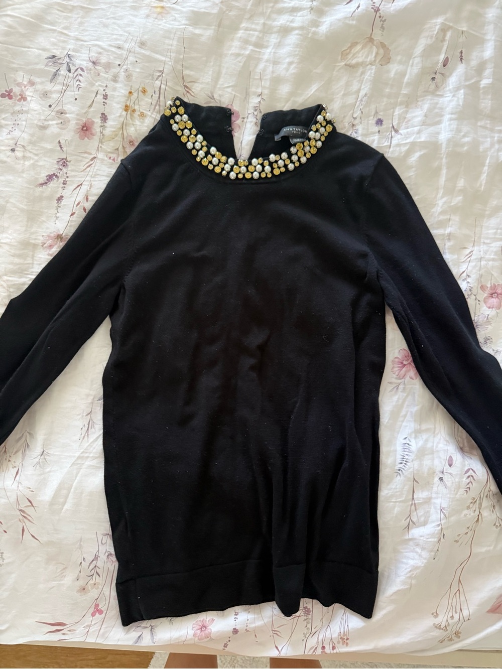 Ann Taylor Embellished Black Long-Sleeve Top